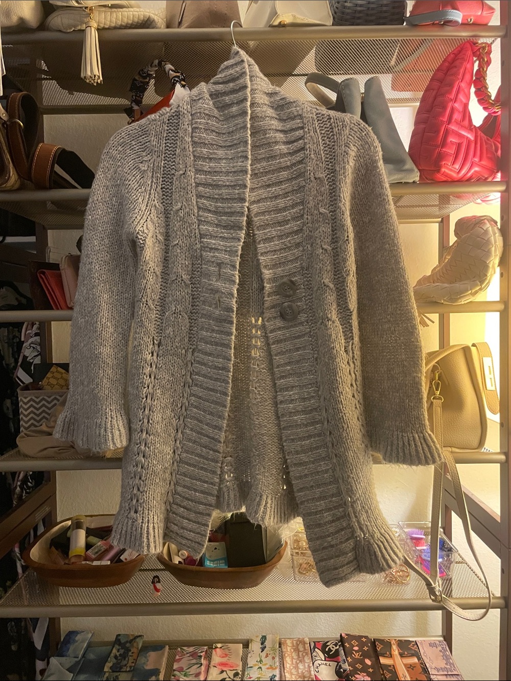 Light Gray Open-Knit Open-Front Cardigan Sweater